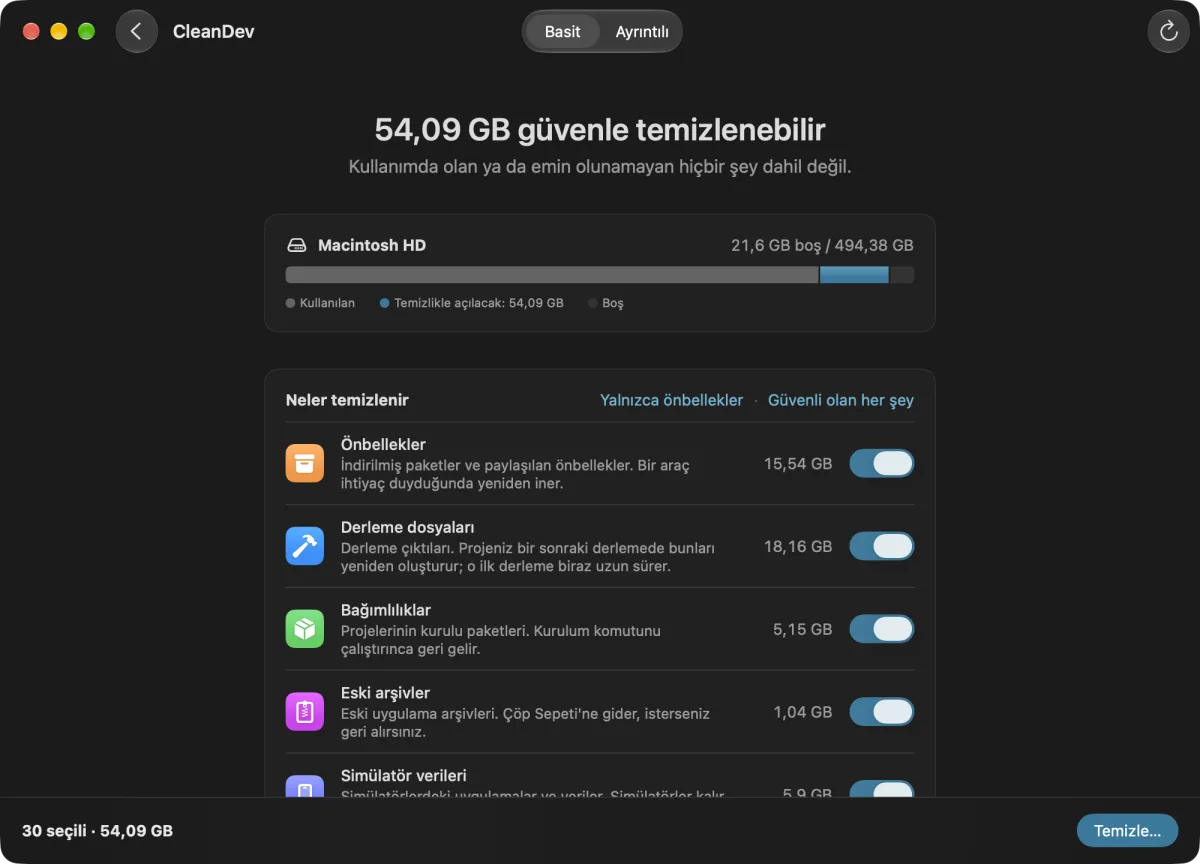 CleanDev Basit görünüm: 54 GB güvenle temizlenebilir, kategoriler ve anahtarlar