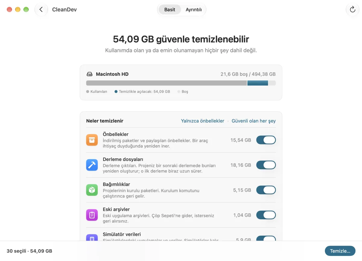 CleanDev Basit görünüm: 54 GB güvenle temizlenebilir, kategoriler ve anahtarlar